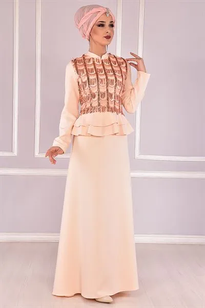 Bel Ruffled Evening Dress Powder Pink Ebg — Export Series 9 — Women's Fashion, Evening Gowns, Modest Wear & Hajj Clothing | AFRIMEKS Foreign Trade