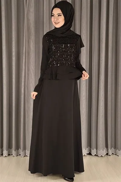 Bel Ruffled Evening Dress Black Ebg — Export Series 67 — Women's Fashion, Evening Gowns, Modest Wear & Hajj Clothing | AFRIMEKS Foreign Trade