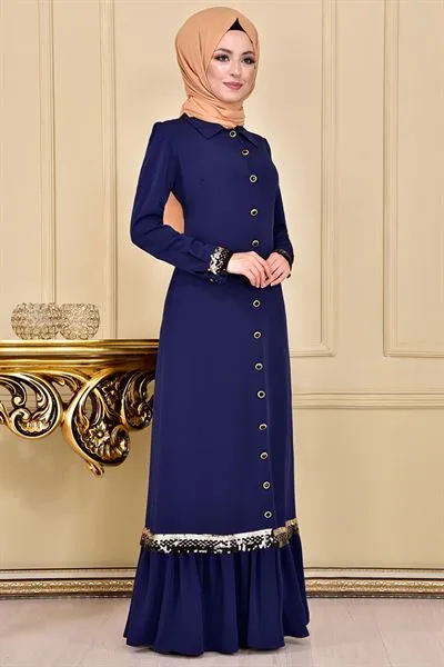 Full-Length Buttoned Sequin Abaya Navy Blue — Export Series 3 — Women's Fashion, Evening Gowns, Modest Wear & Hajj Clothing | AFRIMEKS Foreign Trade
