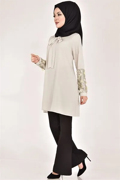 Floral Motif Tunic Beige Tag7114 — Export Series 5 — Women's Fashion, Evening Gowns, Modest Wear & Hajj Clothing | AFRIMEKS Foreign Trade