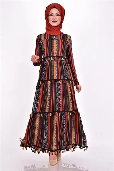 Cizgili Patterned Fringed Dress Patterned E — Export Series 36 — Women's Fashion, Evening Gowns, Modest Wear & Hajj Clothing | AFRIMEKS Foreign Trade