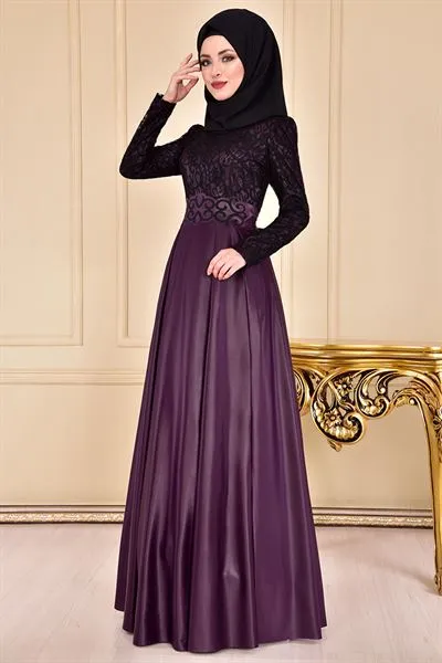 Lace Detail Evening Dress Plum Asm2133 — Export Series 24 — Women's Fashion, Evening Gowns, Modest Wear & Hajj Clothing | AFRIMEKS Foreign Trade
