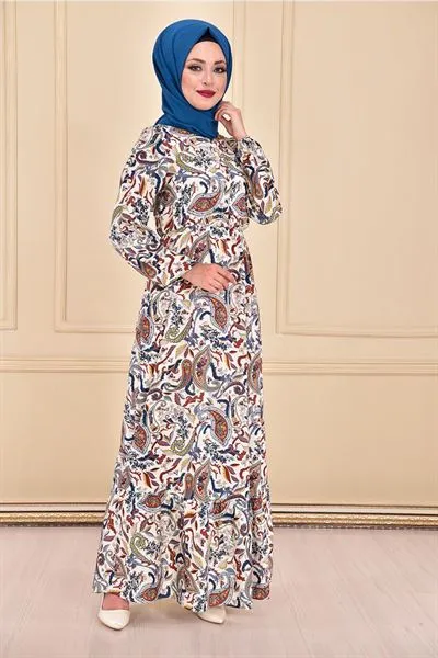Patterned Drawstring Waist Dress White Ant1274 — Export Series 34 — Women's Fashion, Evening Gowns, Modest Wear & Hajj Clothing | AFRIMEKS Foreign Trade