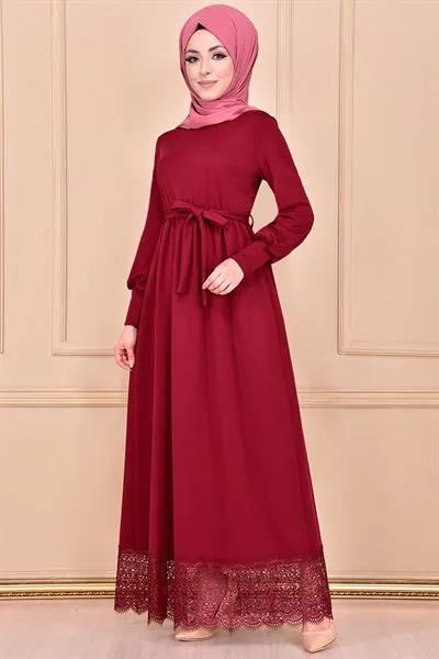 Etegi Lace with Belt Sash Dress Burgundy Mns311 — Export Series 71 — Women's Fashion, Evening Gowns, Modest Wear & Hajj Clothing | AFRIMEKS Foreign Trade