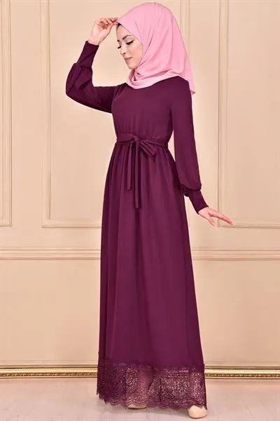 Etegi Lace with Belt Sash Dress Plum Mns31 — Export Series 35 — Women's Fashion, Evening Gowns, Modest Wear & Hajj Clothing | AFRIMEKS Foreign Trade