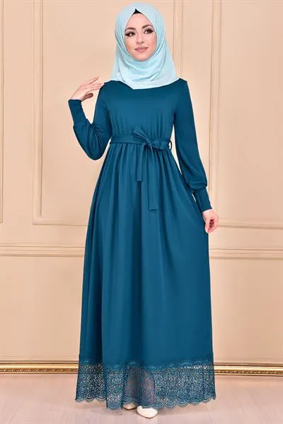 Etegi Lace with Belt Sash Dress Petrol Blue Mns31 — Export Series 81 — Women's Fashion, Evening Gowns, Modest Wear & Hajj Clothing | AFRIMEKS Foreign Trade