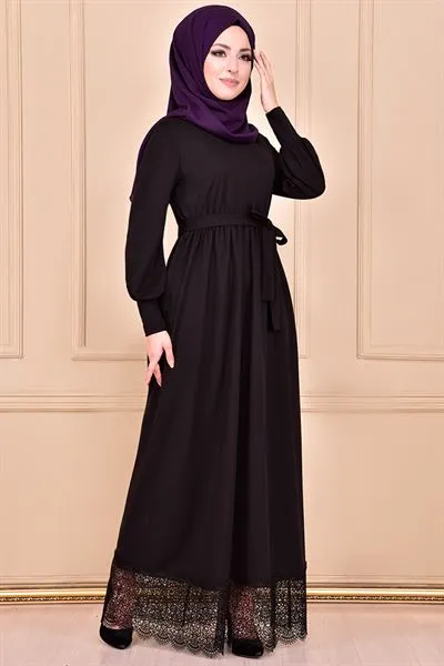 Etegi Lace with Belt Sash Dress Black Mns311 — Export Series 78 — Women's Fashion, Evening Gowns, Modest Wear & Hajj Clothing | AFRIMEKS Foreign Trade