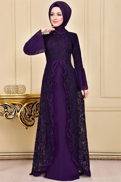 Ruffled Lace Evening Dress Purple Ari3726 — Export Series 90 — Women's Fashion, Evening Gowns, Modest Wear & Hajj Clothing | AFRIMEKS Foreign Trade