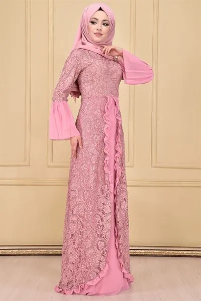 Ruffled Lace Evening Dress Powder Pink Ari37 — Export Series 87 — Women's Fashion, Evening Gowns, Modest Wear & Hajj Clothing | AFRIMEKS Foreign Trade
