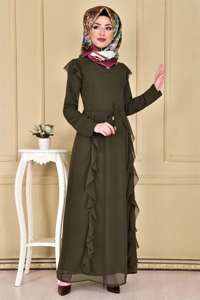 Ruffled Chiffon Dress Khaki Green Eng — Export Series 49 — Women's Fashion, Evening Gowns, Modest Wear & Hajj Clothing | AFRIMEKS Foreign Trade