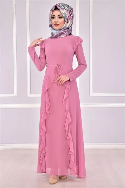 Ruffled Chiffon Dress Powder Pink Eng — Export Series 70 — Women's Fashion, Evening Gowns, Modest Wear & Hajj Clothing | AFRIMEKS Foreign Trade