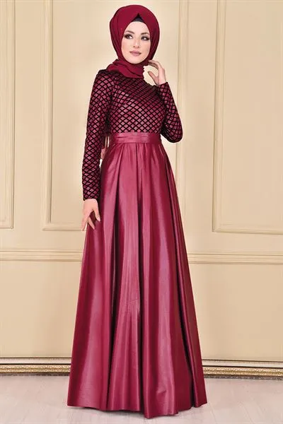 Flock Print Evening Dress Burgundy Asm2146 — Export Series 74 — Women's Fashion, Evening Gowns, Modest Wear & Hajj Clothing | AFRIMEKS Foreign Trade