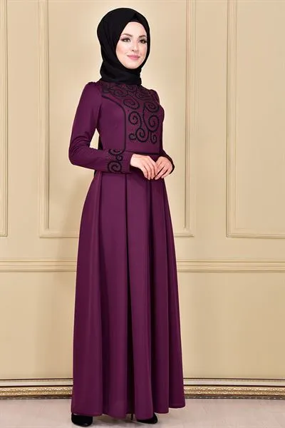 Flock Print Evening Dress Purple Asm2120 — Export Series 39 — Women's Fashion, Evening Gowns, Modest Wear & Hajj Clothing | AFRIMEKS Foreign Trade