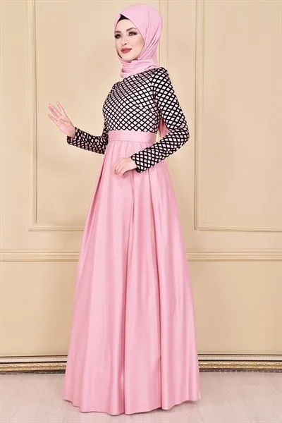 Flock Print Evening Dress Powder Pink Asm2146 — Export Series 29 — Women's Fashion, Evening Gowns, Modest Wear & Hajj Clothing | AFRIMEKS Foreign Trade