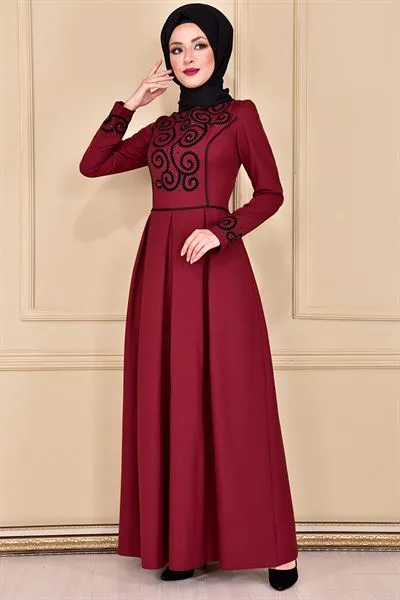 Flock Print Pleated Evening Dress Burgundy A — Export Series 76 — Women's Fashion, Evening Gowns, Modest Wear & Hajj Clothing | AFRIMEKS Foreign Trade
