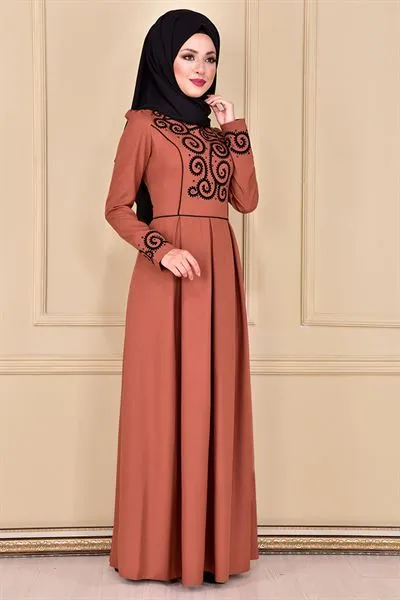 Flock Print Pleated Evening Dress Tan Camel As — Export Series 2 — Women's Fashion, Evening Gowns, Modest Wear & Hajj Clothing | AFRIMEKS Foreign Trade