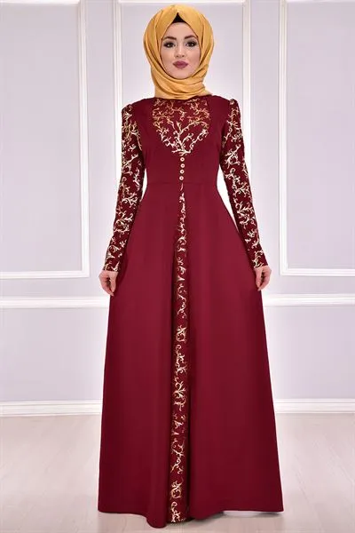 Gold Applique Detail Dress Burgundy — Export Series 57 — Women's Fashion, Evening Gowns, Modest Wear & Hajj Clothing | AFRIMEKS Foreign Trade