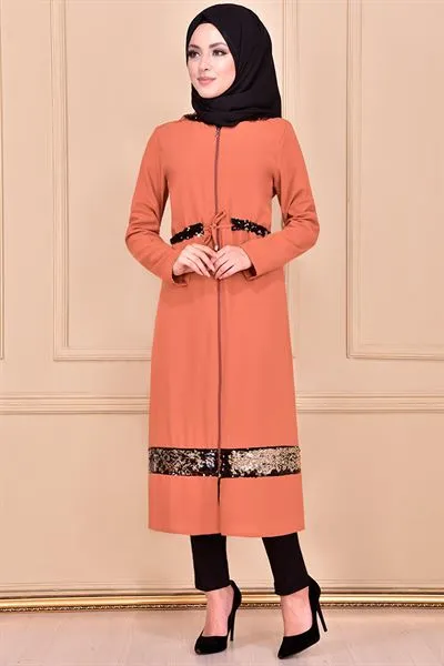 Hooded Sequin Detail Modest Long Coat Tan Camel Ayd6067 — Export Series 13 — Women's Fashion, Evening Gowns, Modest Wear & Hajj Clothing | AFRIMEKS Foreign Trade