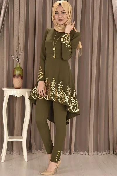 with Necklace Trousers Tunic 2-Piece Set Khaki Green — Export Series 8 — Women's Fashion, Evening Gowns, Modest Wear & Hajj Clothing | AFRIMEKS Foreign Trade