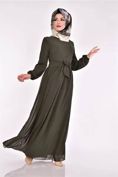 Cross-Over Neck Chiffon Dress Khaki Green Eng5032 — Export Series 62 — Women's Fashion, Evening Gowns, Modest Wear & Hajj Clothing | AFRIMEKS Foreign Trade