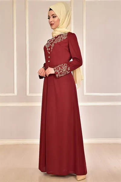 Embroidered Buttoned Dress Burgundy — Export Series 86 — Women's Fashion, Evening Gowns, Modest Wear & Hajj Clothing | AFRIMEKS Foreign Trade