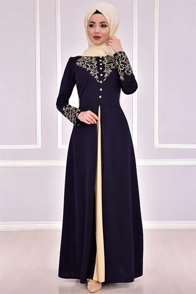 Embroidered Buttoned Dress Navy Blue — Export Series 68 — Women's Fashion, Evening Gowns, Modest Wear & Hajj Clothing | AFRIMEKS Foreign Trade