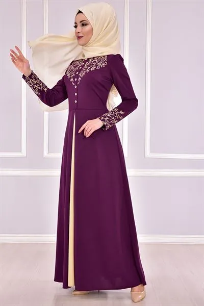 Embroidered Buttoned Dress Plum — Export Series 44 — Women's Fashion, Evening Gowns, Modest Wear & Hajj Clothing | AFRIMEKS Foreign Trade