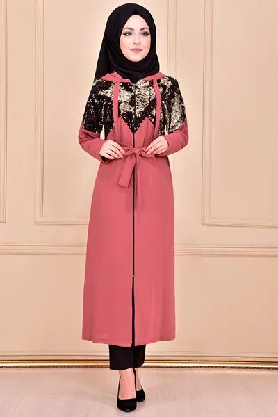 Sequin Front Modest Long Coat Dusty Rose Ayd6046 — Export Series 11 — Women's Fashion, Evening Gowns, Modest Wear & Hajj Clothing | AFRIMEKS Foreign Trade