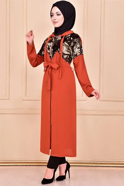 Sequin Front Modest Long Coat Terracotta Rust Ayd6046 — Export Series 5 — Women's Fashion, Evening Gowns, Modest Wear & Hajj Clothing | AFRIMEKS Foreign Trade