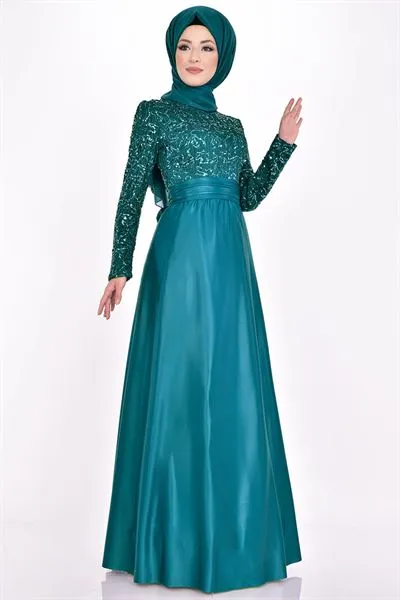 Sequin Embellished Evening Dress Petrol Blue Asm2124 — Export Series 50 — Women's Fashion, Evening Gowns, Modest Wear & Hajj Clothing | AFRIMEKS Foreign Trade