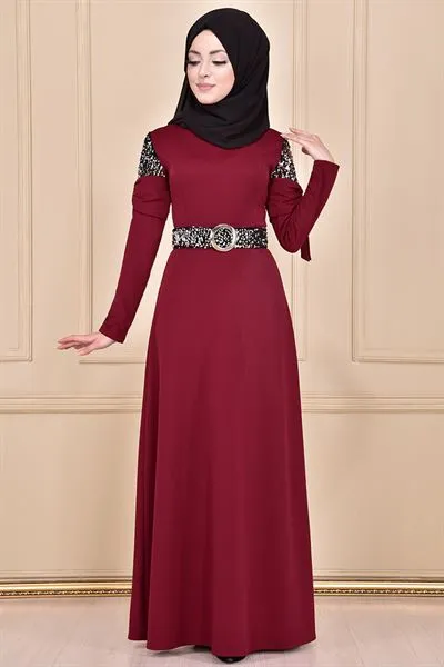 Sequin Embellished Belted Dress Burgundy Mns3117 — Export Series 61 — Women's Fashion, Evening Gowns, Modest Wear & Hajj Clothing | AFRIMEKS Foreign Trade