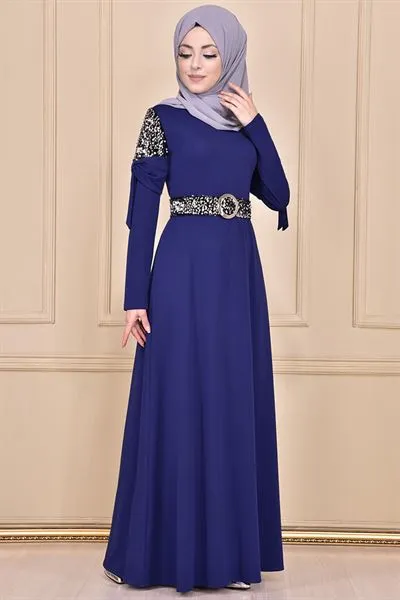 Sequin Embellished Belted Dress Navy Blue Mns311 — Export Series 55 — Women's Fashion, Evening Gowns, Modest Wear & Hajj Clothing | AFRIMEKS Foreign Trade