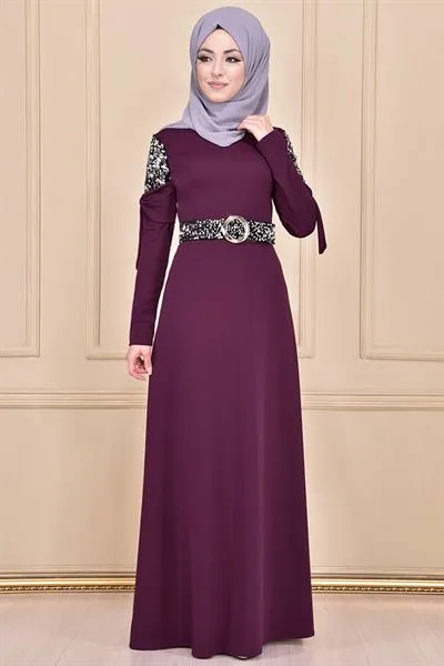 Sequin Embellished Belted Dress Plum Mns3117 — Export Series 69 — Women's Fashion, Evening Gowns, Modest Wear & Hajj Clothing | AFRIMEKS Foreign Trade