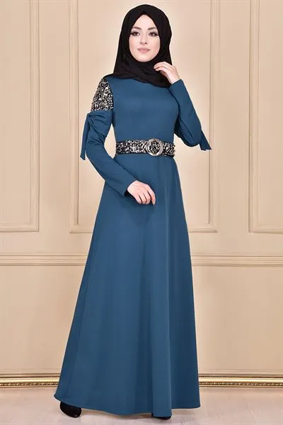Sequin Embellished Belted Dress Petrol Blue Mns3117 — Export Series 31 — Women's Fashion, Evening Gowns, Modest Wear & Hajj Clothing | AFRIMEKS Foreign Trade