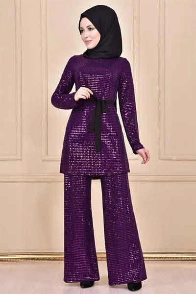 Sequin Embellished with Belt Sash Ensemble Set Purple Ari37218 — Export Series 5 — Women's Fashion, Evening Gowns, Modest Wear & Hajj Clothing | AFRIMEKS Foreign Trade
