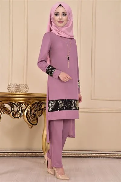 Sequin Embellished Striped Trim Ensemble Set Powder Pink Asm2192 — Export Series 1 — Women's Fashion, Evening Gowns, Modest Wear & Hajj Clothing | AFRIMEKS Foreign Trade