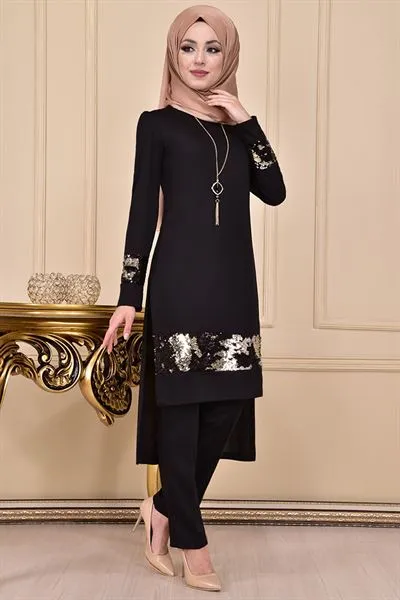 Sequin Embellished Striped Trim Ensemble Set Black Asm2192 — Export Series 6 — Women's Fashion, Evening Gowns, Modest Wear & Hajj Clothing | AFRIMEKS Foreign Trade