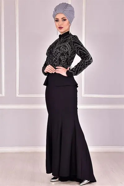 Glittering Lurex Sequin Embellished Evening Dress Black Rzg — Export Series 10 — Women's Fashion, Evening Gowns, Modest Wear & Hajj Clothing | AFRIMEKS Foreign Trade
