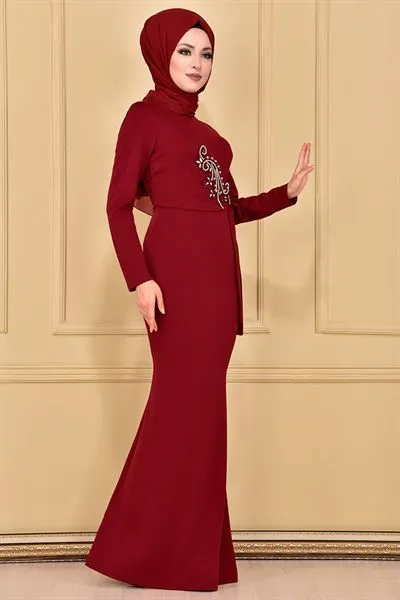 Rhinestone Embellished Mermaid Cut Dress Burgundy — Export Series 85 — Women's Fashion, Evening Gowns, Modest Wear & Hajj Clothing | AFRIMEKS Foreign Trade