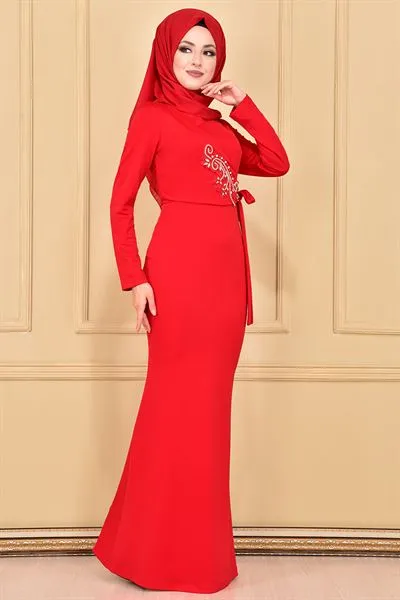 Rhinestone Embellished Mermaid Cut Dress Red A — Export Series 45 — Women's Fashion, Evening Gowns, Modest Wear & Hajj Clothing | AFRIMEKS Foreign Trade