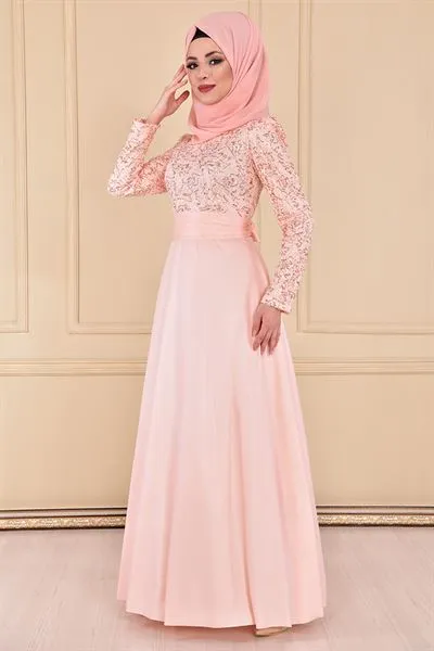 Ustu Sequin Embellished Evening Dress Powder Pink Asm212 — Export Series 3 — Women's Fashion, Evening Gowns, Modest Wear & Hajj Clothing | AFRIMEKS Foreign Trade