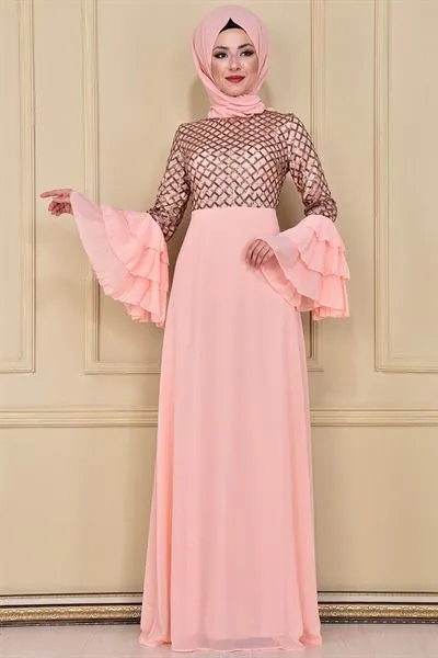 Flounce Sleeve Sequin Chiffon Evening Dress Powder Pink — Export Series 47 — Women's Fashion, Evening Gowns, Modest Wear & Hajj Clothing | AFRIMEKS Foreign Trade