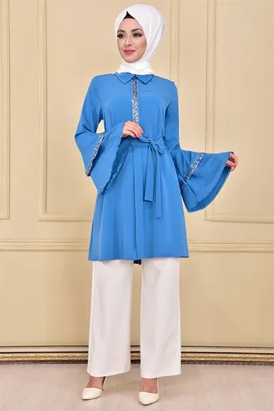 Flounce Sleeve Tunic Indigo Blue Tag712211 — Export Series 2 — Women's Fashion, Evening Gowns, Modest Wear & Hajj Clothing | AFRIMEKS Foreign Trade