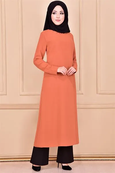 Beaded Collar Tunic Tan Camel Ayd6070 — Export Series 11 — Women's Fashion, Evening Gowns, Modest Wear & Hajj Clothing | AFRIMEKS Foreign Trade