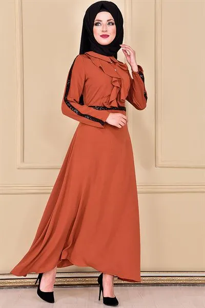 Yakasi Ruffled Dress Terracotta Rust Eng5028 — Export Series 33 — Women's Fashion, Evening Gowns, Modest Wear & Hajj Clothing | AFRIMEKS Foreign Trade